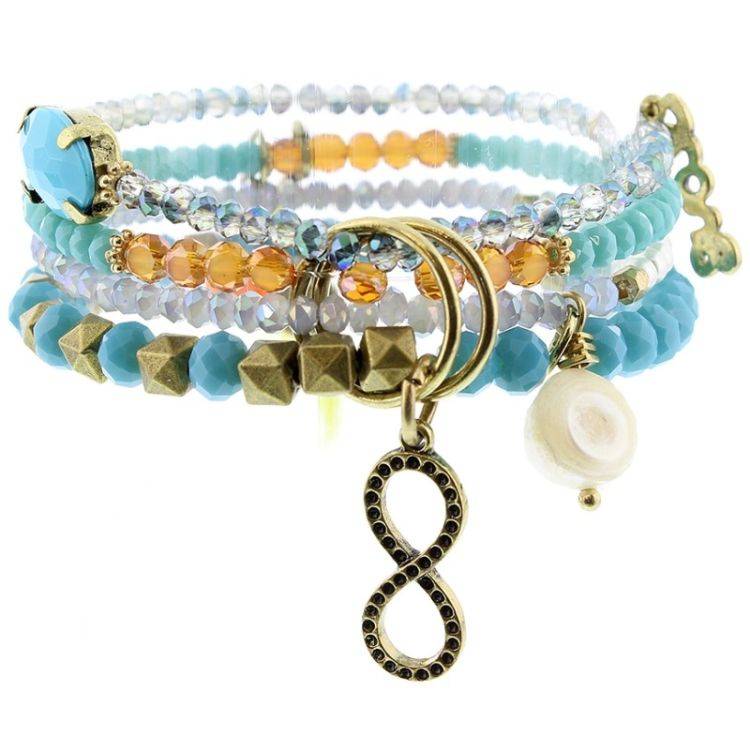 BRACELET 4 STRIPS METAL STONE BEADS
