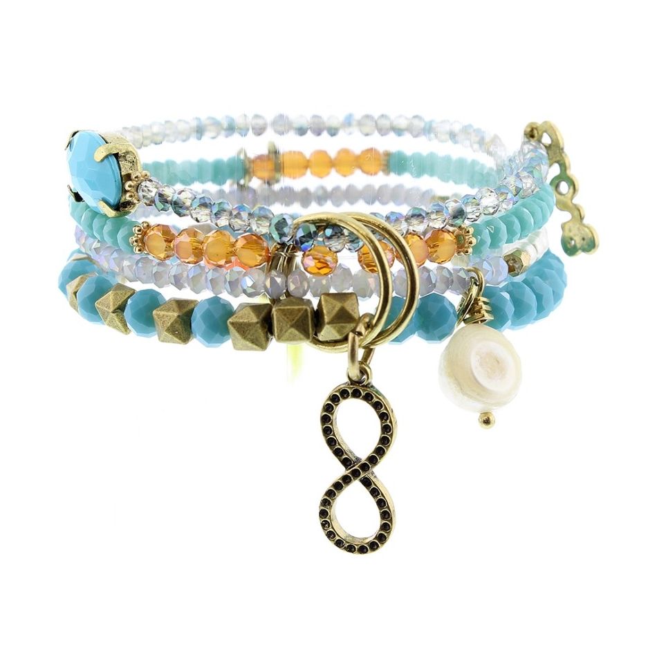 BRACELET 4 STRIPS METAL STONE BEADS