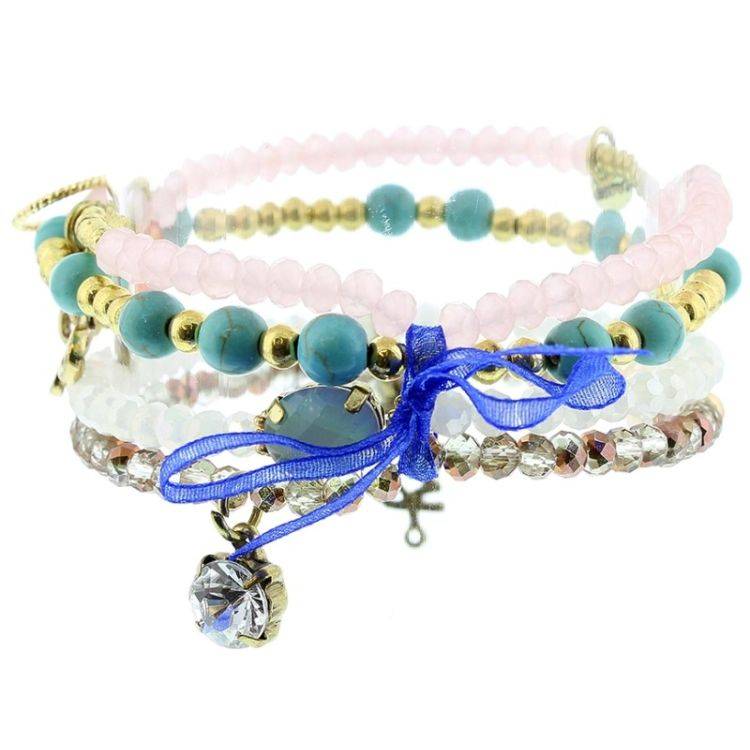 BRACELET 4 STRIPS METAL STONE BEADS
