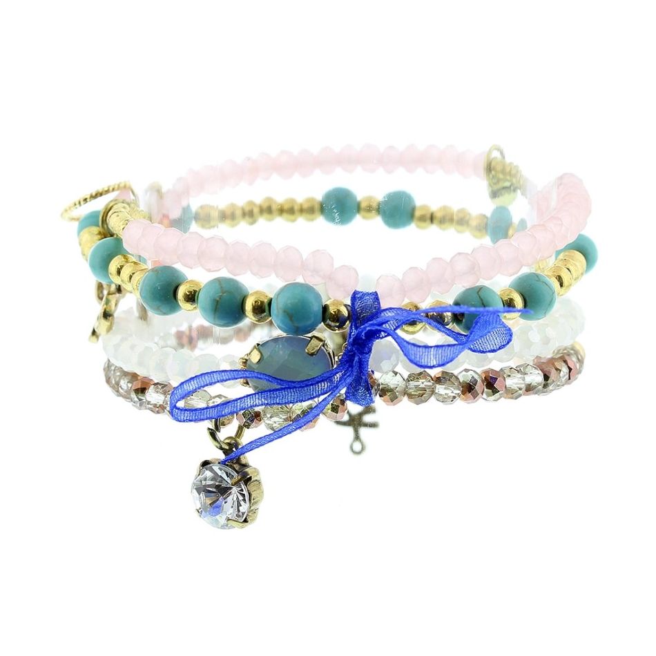 BRACELET 4 STRIPS METAL STONE BEADS