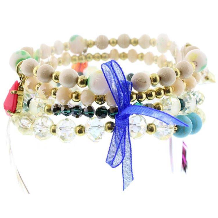 BRACELET 4 STRIPS METAL STONE BEADS