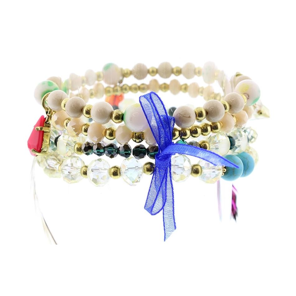 BRACELET 4 STRIPS METAL STONE BEADS