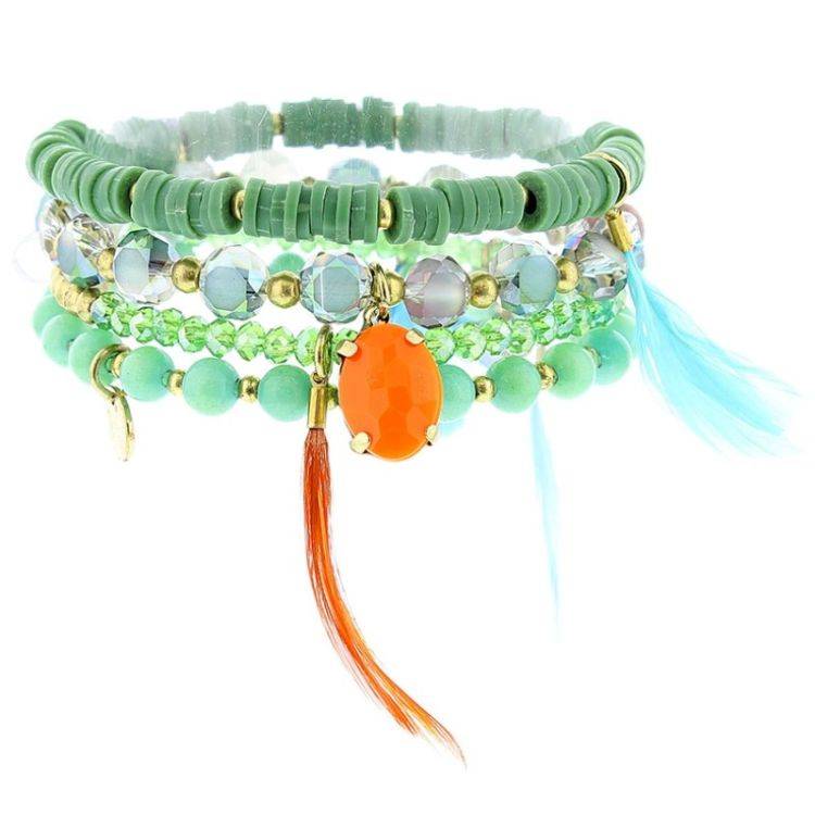 BRACELET 4 STRIPS METAL STONE BEADS