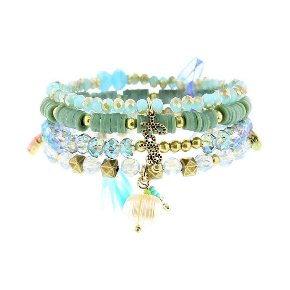 BRACELET 4 STRIPS METAL STONE BEADS