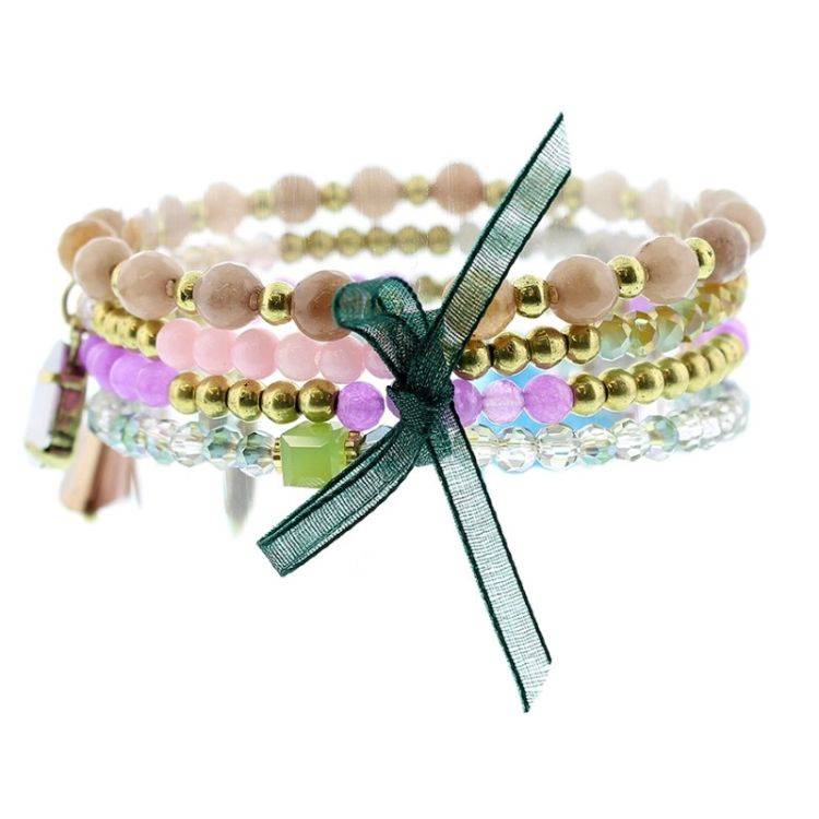 BRACELET 4 STRIPS METAL CRYSTALS BEADS