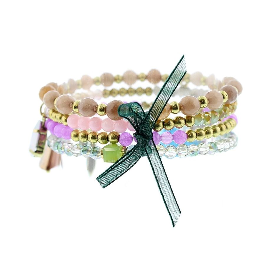 BRACELET 4 STRIPS METAL CRYSTALS BEADS