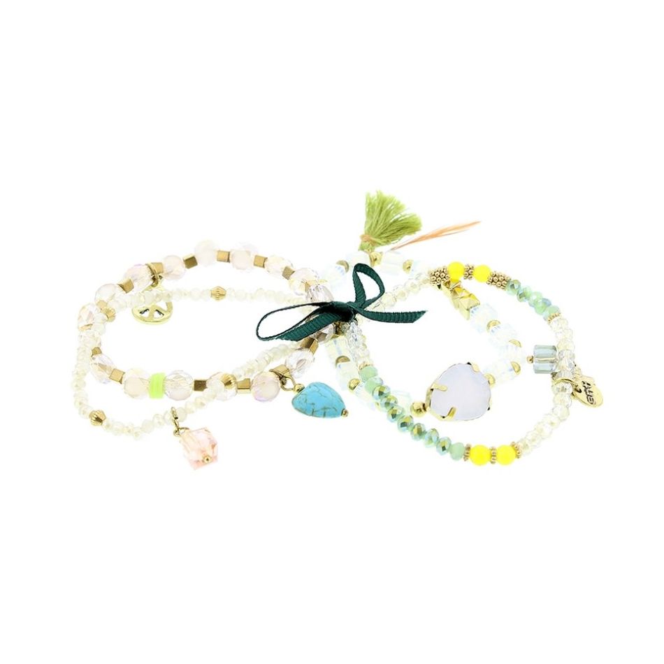 BRACELET 4 STRIPS METAL STONE BEADS