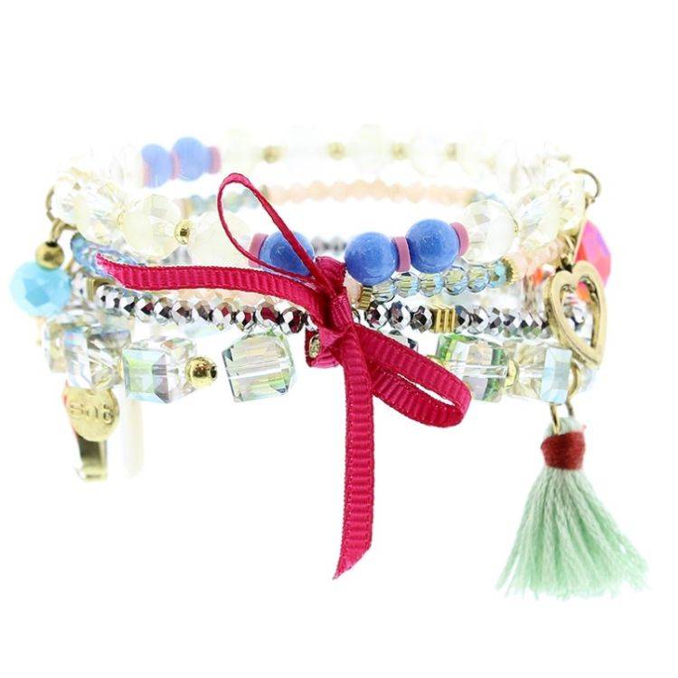 BRACELET 4 STRIPS METAL STONE BEADS