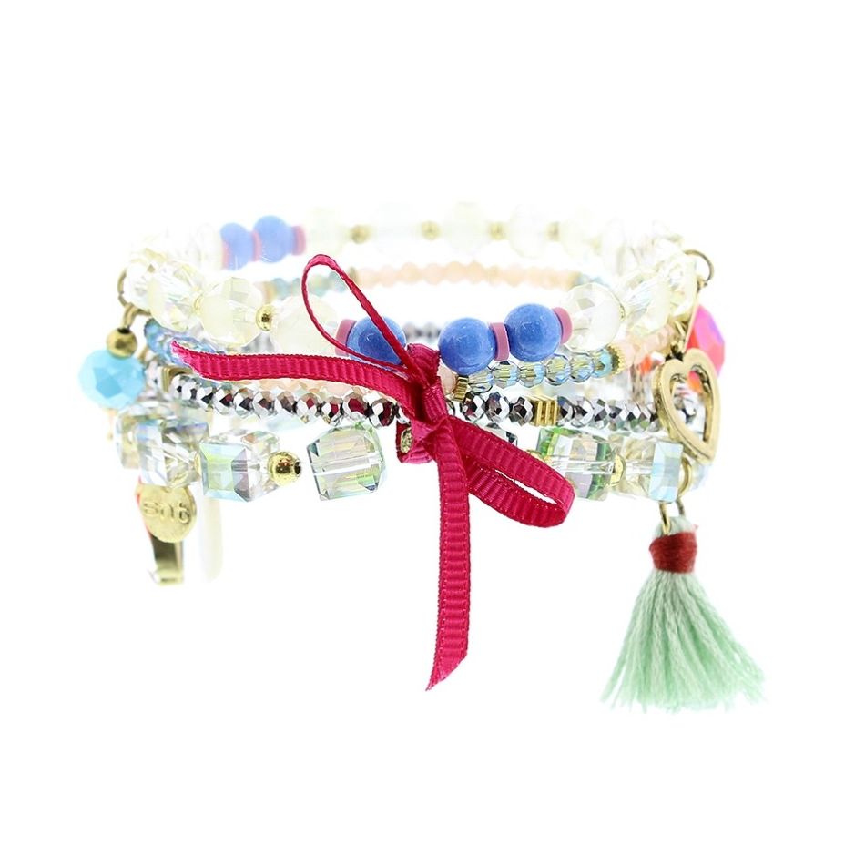 BRACELET 4 STRIPS METAL STONE BEADS