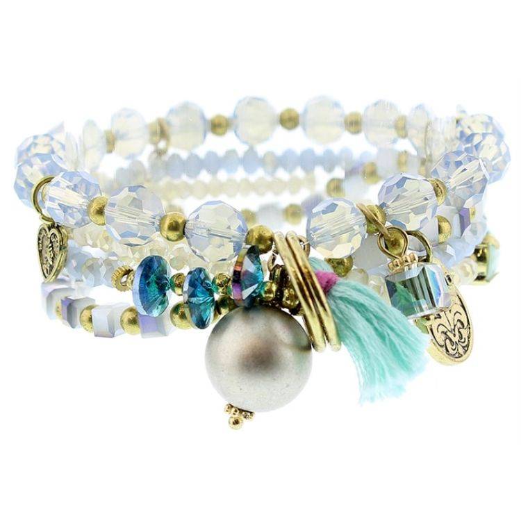 BRACELET 4 STRIPS METAL STONE BEADS