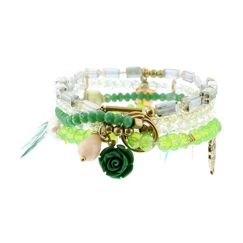 BRACELET 4 STRIPS METAL STONE BEADS