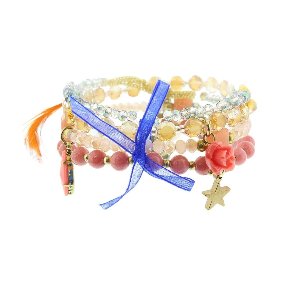 BRACELET 4 STRIPS METAL STONE BEADS