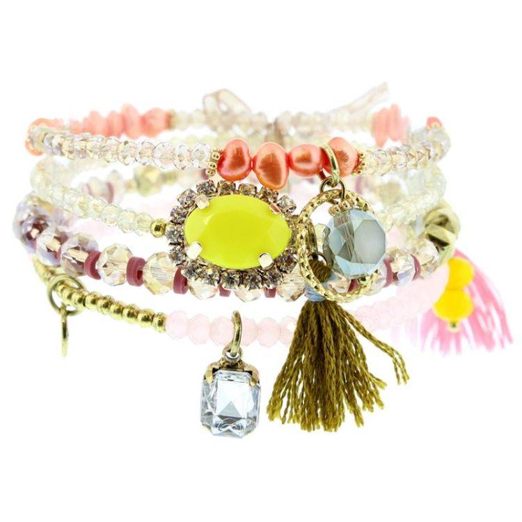 BRACELET 4 STRIPS METAL STONE BEADS
