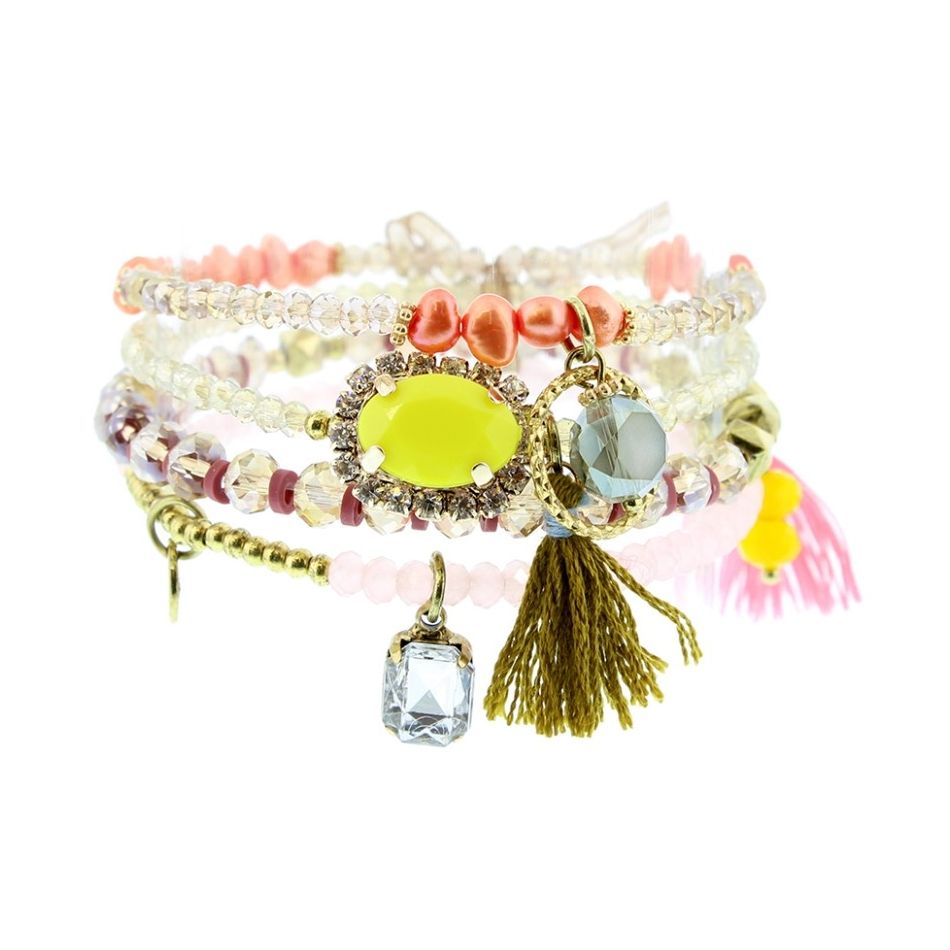 BRACELET 4 STRIPS METAL STONE BEADS