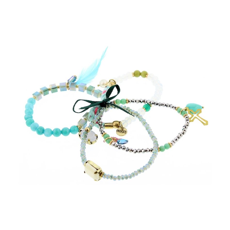 BRACELET 4 STRIPS METAL STONE BEADS