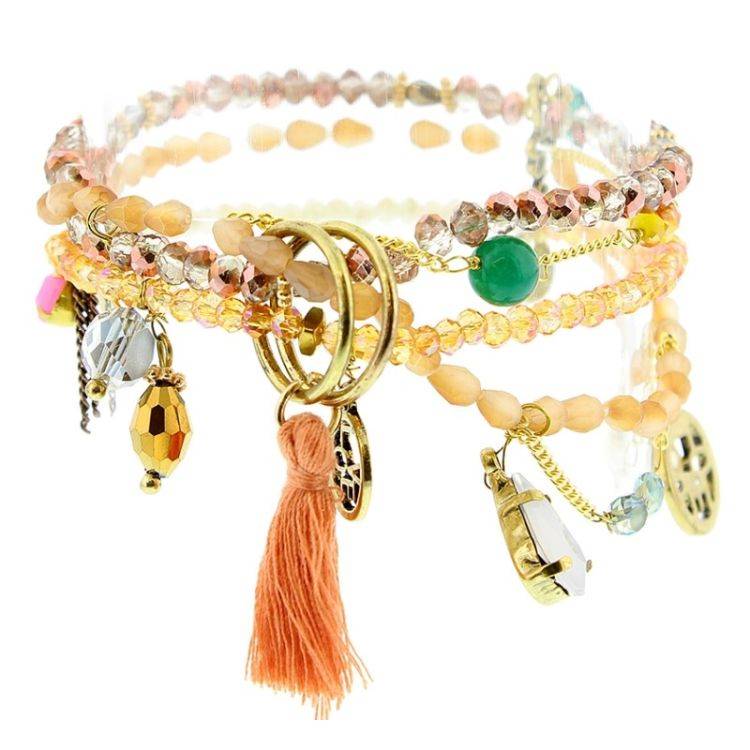 PULSERA 4 TIRAS CUENTAS METAL PIEDRAS