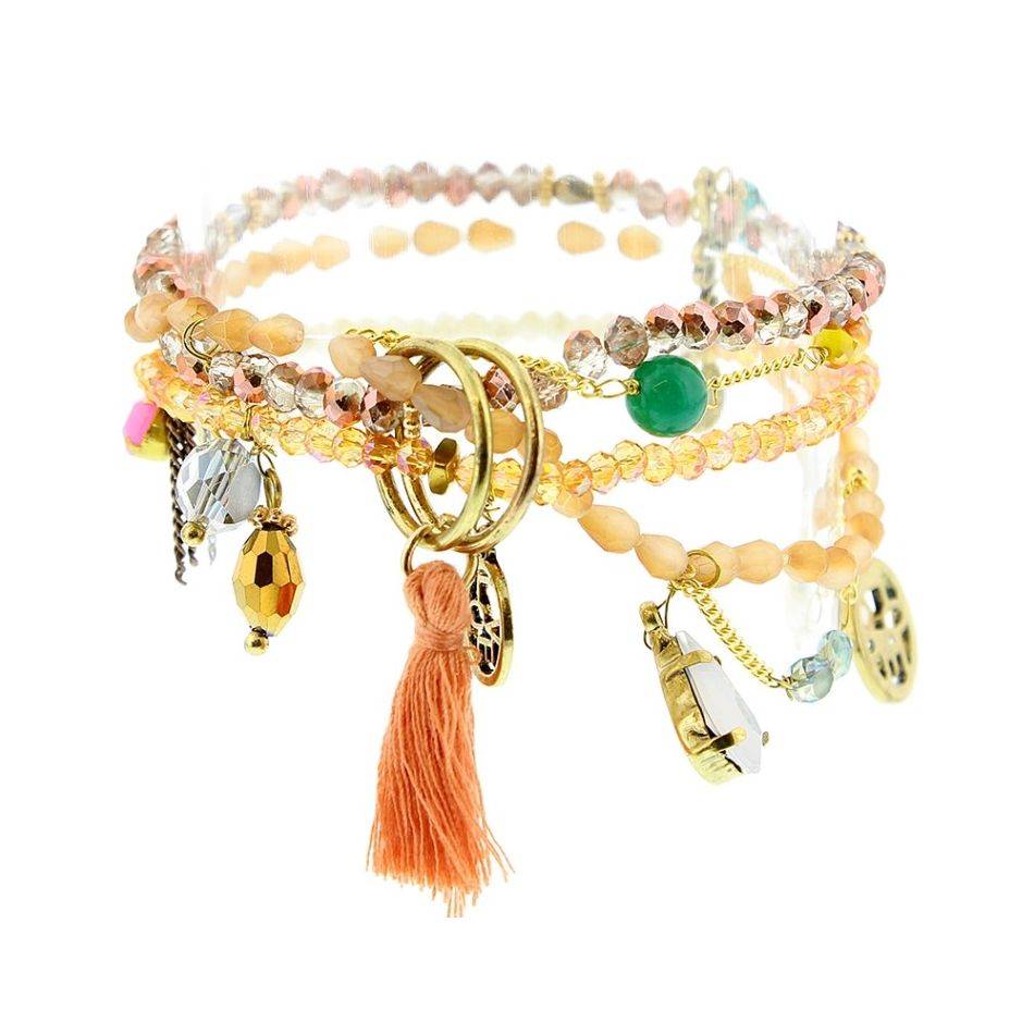 PULSERA 4 TIRAS CUENTAS METAL PIEDRAS