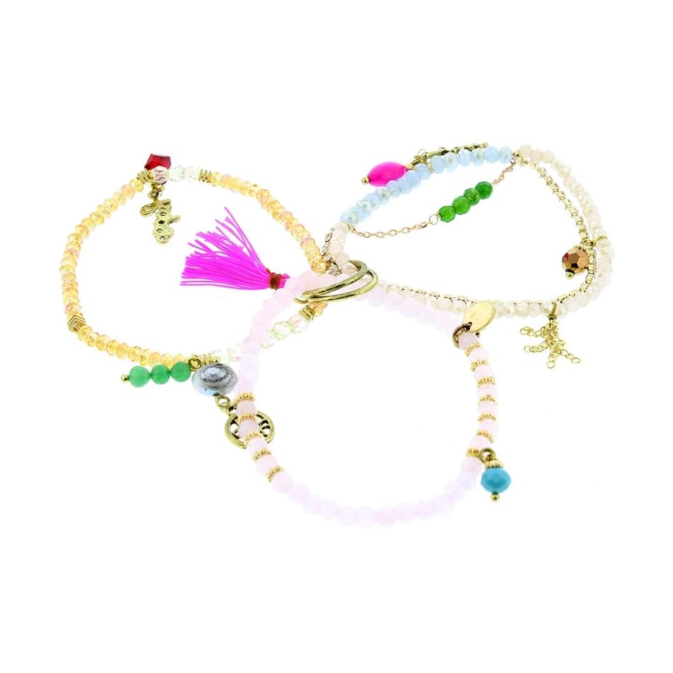 BRACELET 4 STRIPS METAL STONE BEADS