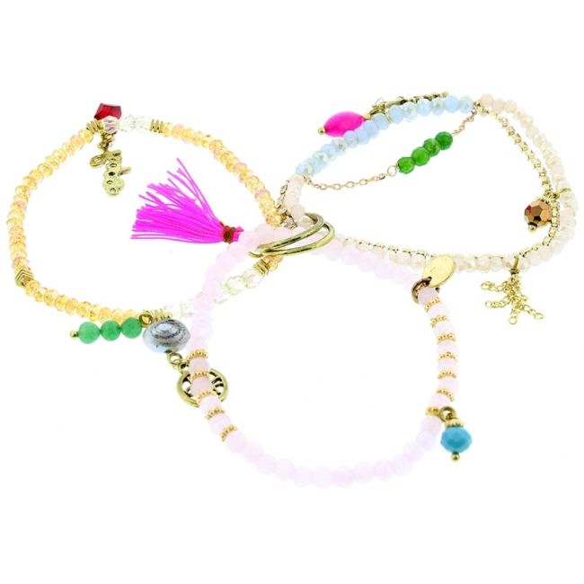 BRACELET 4 STRIPS METAL STONE BEADS