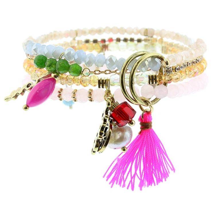 BRACELET 4 STRIPS METAL STONE BEADS