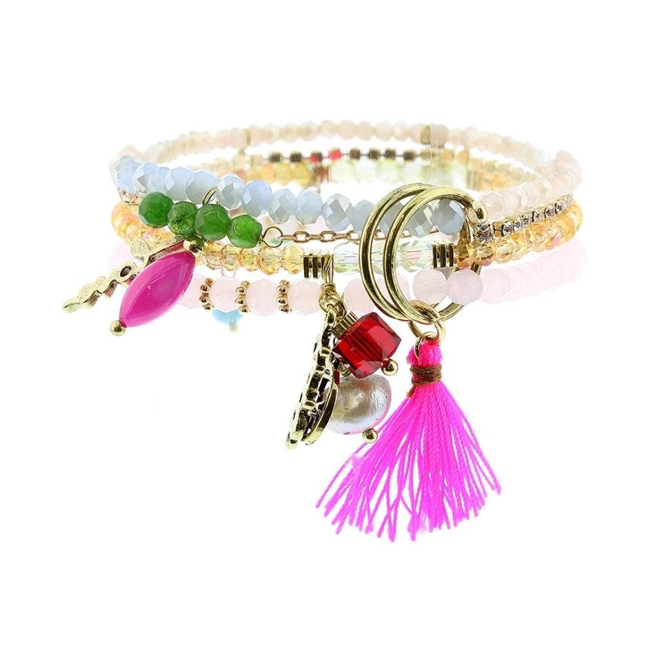 PULSERA 4 TIRAS CUENTAS METAL PIEDRAS