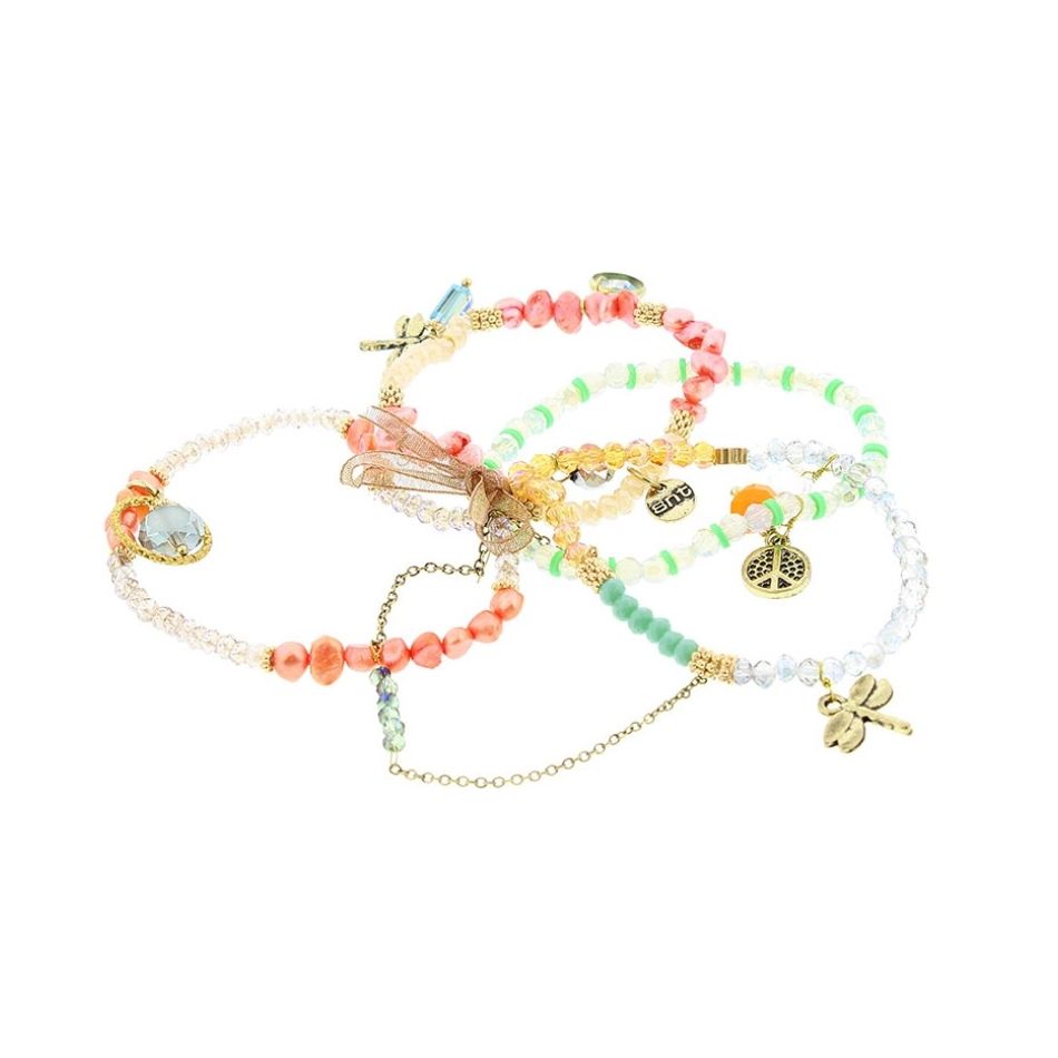 BRACELET 4 STRIPS METAL STONE BEADS