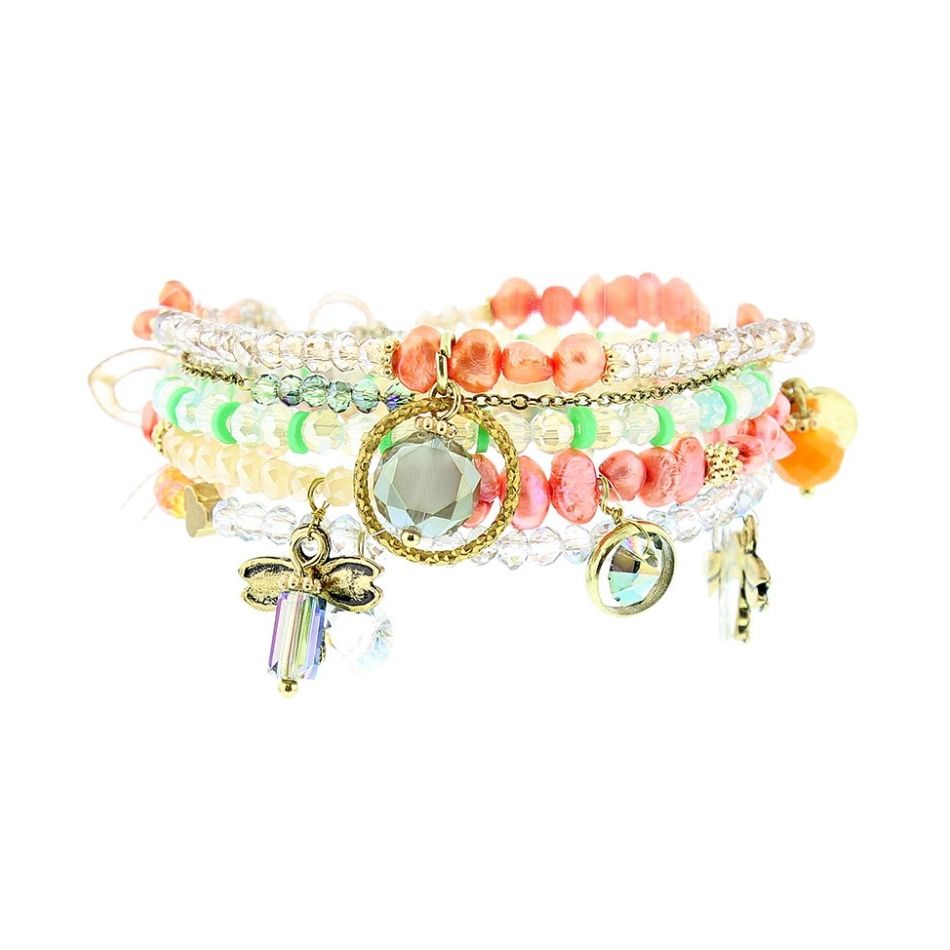 PULSERA 4 TIRAS CUENTAS METAL PIEDRAS