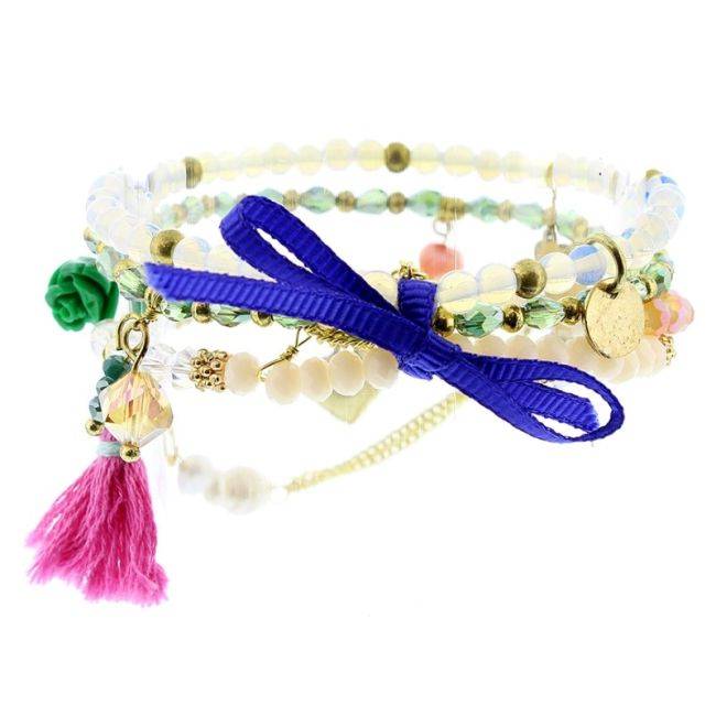 BRACELET 4 STRIPS METAL STONE BEADS