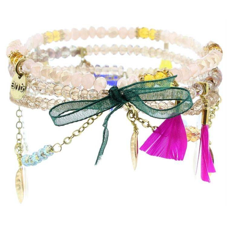 BRACELET 4 STRIPS METAL STONE BEADS