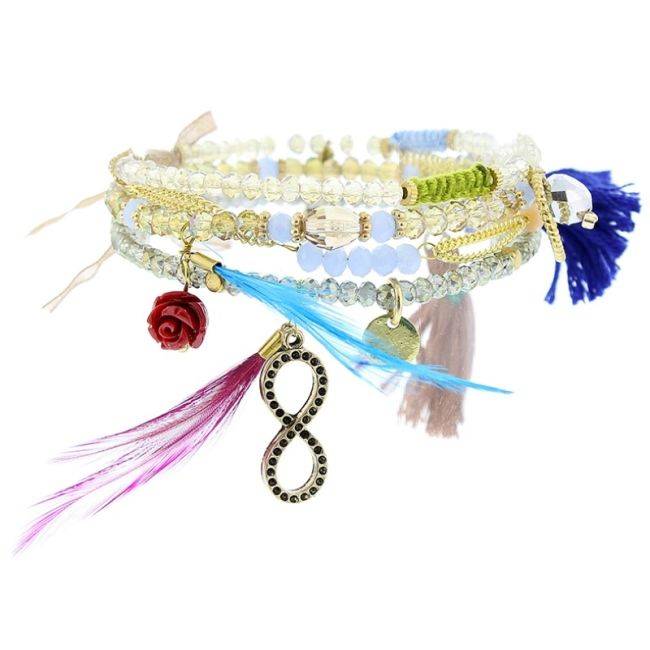 BRACELET 4 STRIPS METAL STONE BEADS