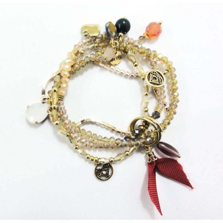 PULSERA 4 TIRAS CUENTAS METAL PIEDRAS