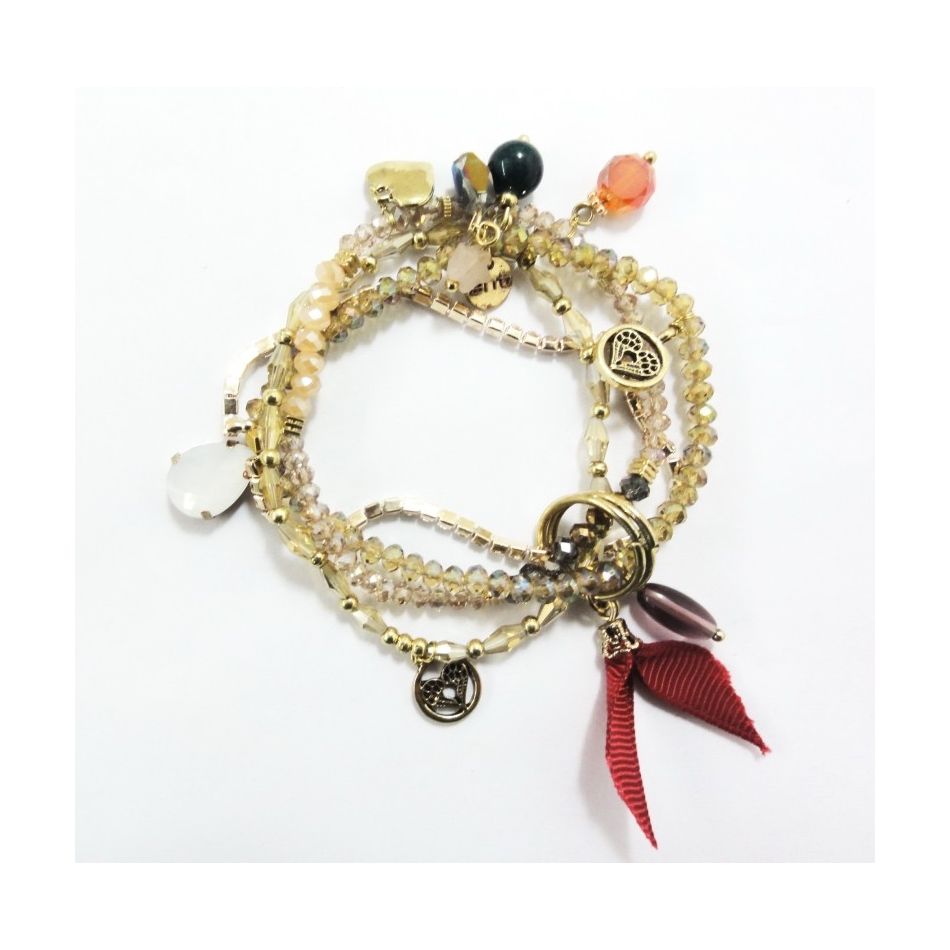 BRACELET 4 STRIPS METAL STONE BEADS