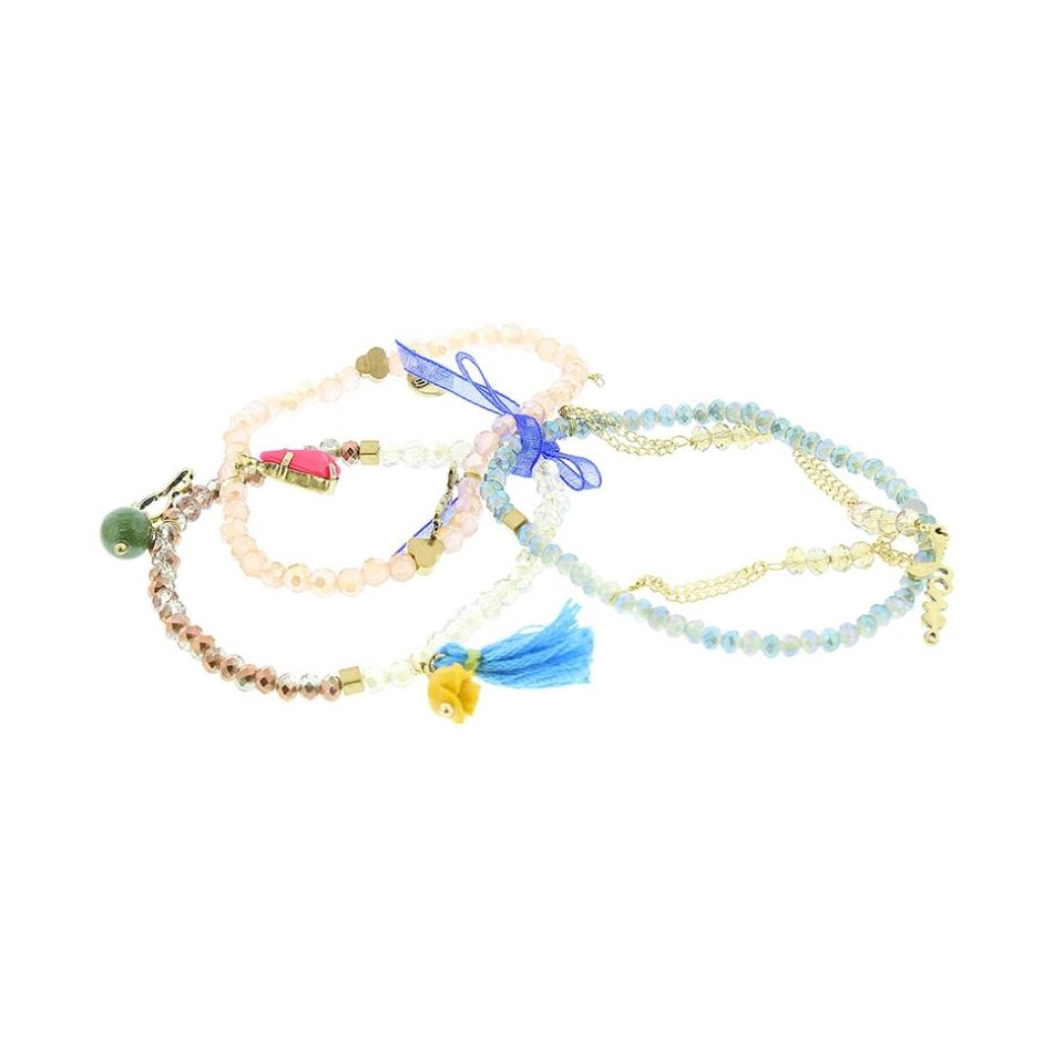 PULSERA 4 TIRAS CUENTAS METAL PIEDRAS