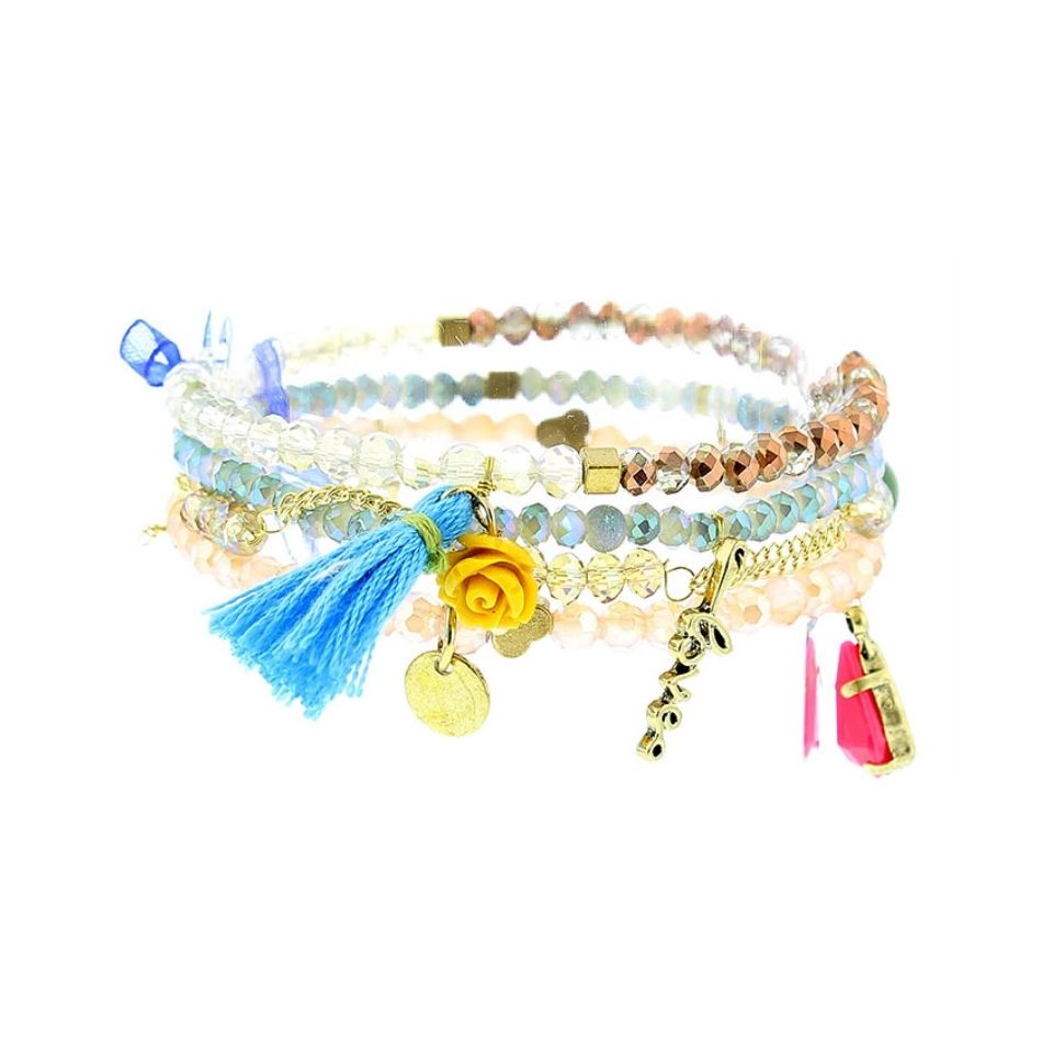 PULSERA 4 TIRAS CUENTAS METAL PIEDRAS