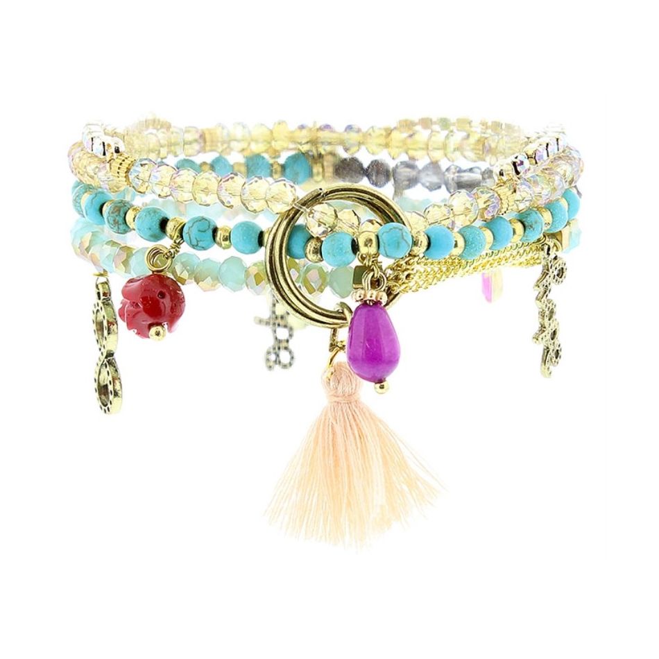 PULSERA 4 TIRAS CUENTAS METAL PIEDRAS