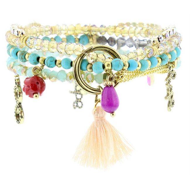 PULSERA 4 TIRAS CUENTAS METAL PIEDRAS