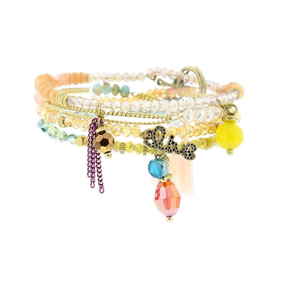 BRACELET 4 STRIPS METAL STONE BEADS