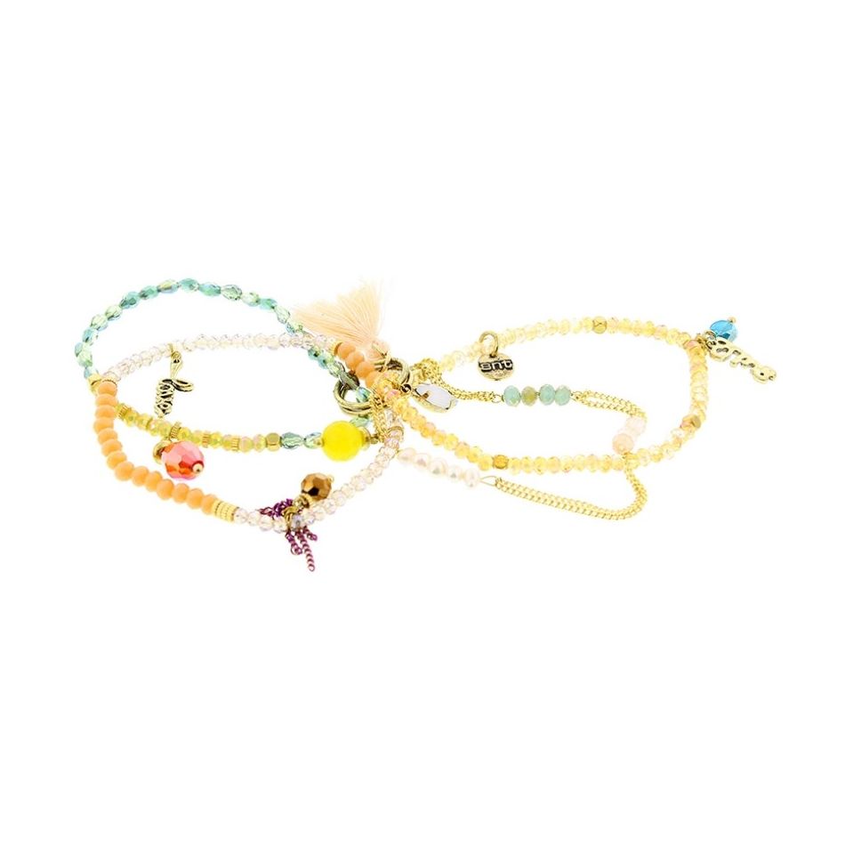 BRACELET 4 STRIPS METAL STONE BEADS
