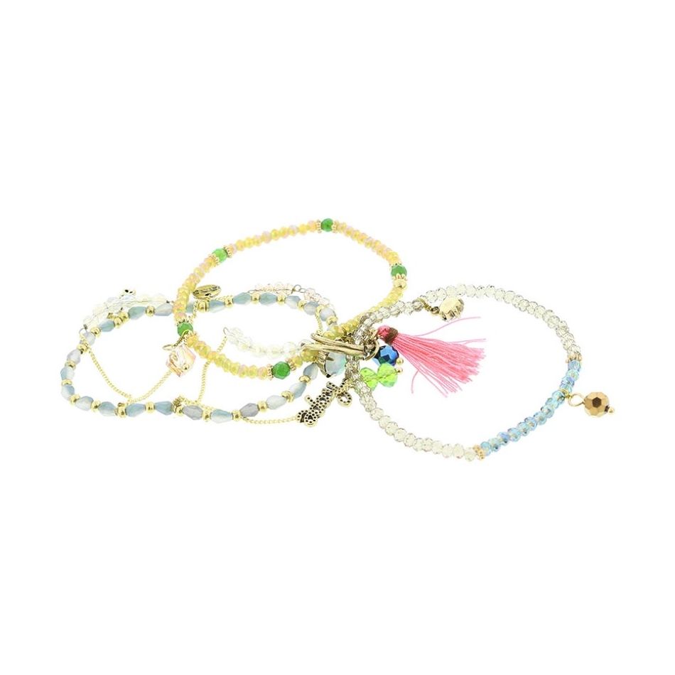 BRACELET 4 STRIPS METAL STONE BEADS