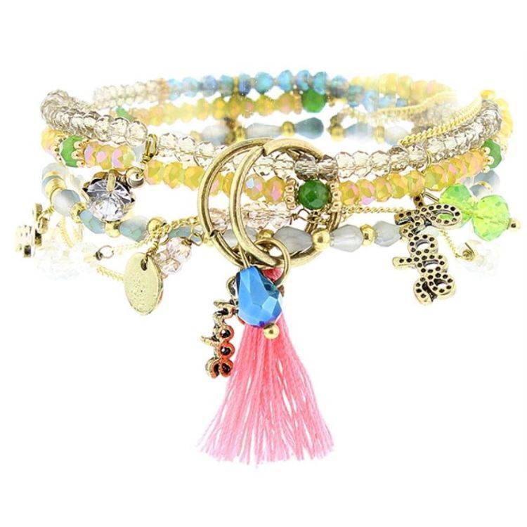 BRACELET 4 STRIPS METAL STONE BEADS