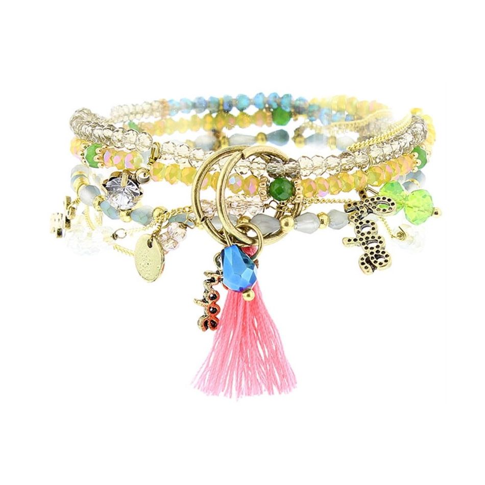 PULSERA 4 TIRAS CUENTAS METAL PIEDRAS