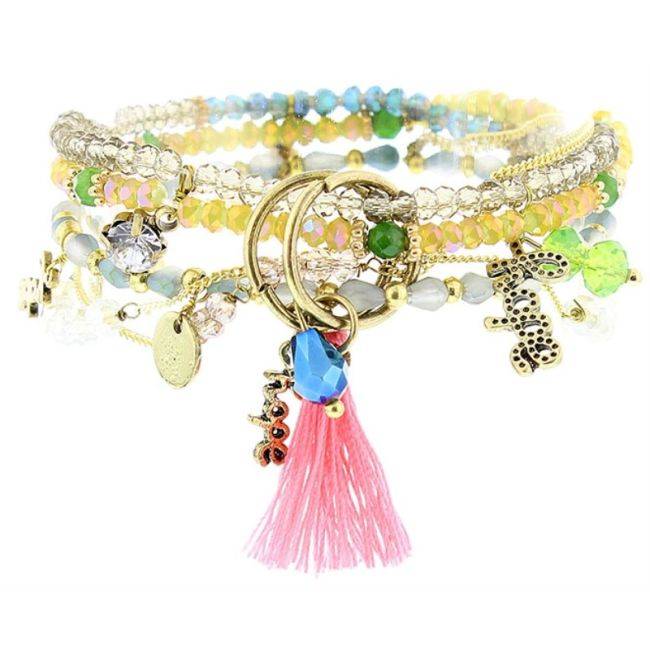 BRACELET 4 STRIPS METAL STONE BEADS