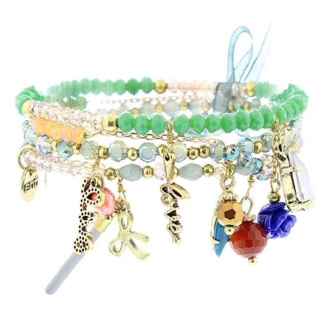 BRACELET 4 STRIPS METAL STONE BEADS