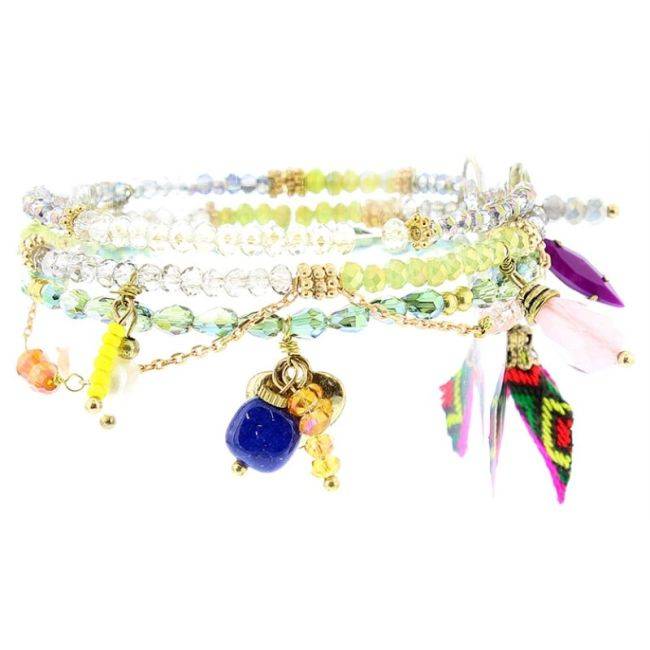 BRACELET 4 STRIPS METAL STONE BEADS