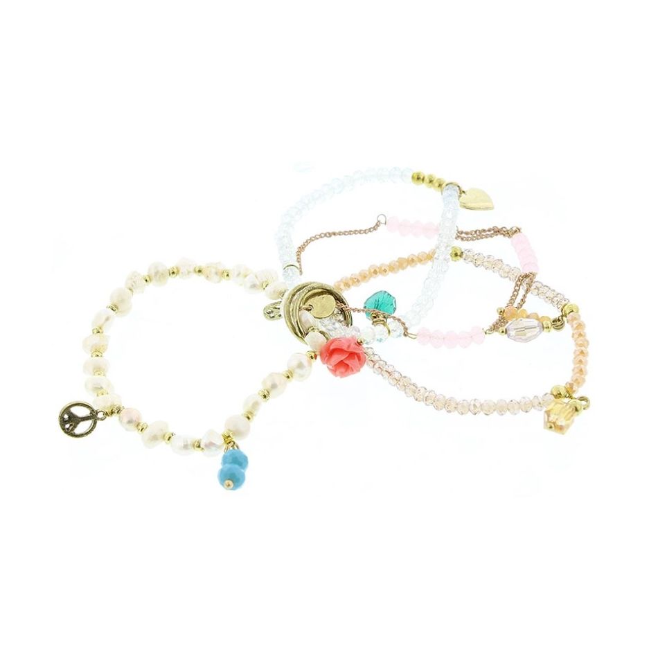 PULSERA 4 TIRAS CUENTAS METAL PIEDRAS