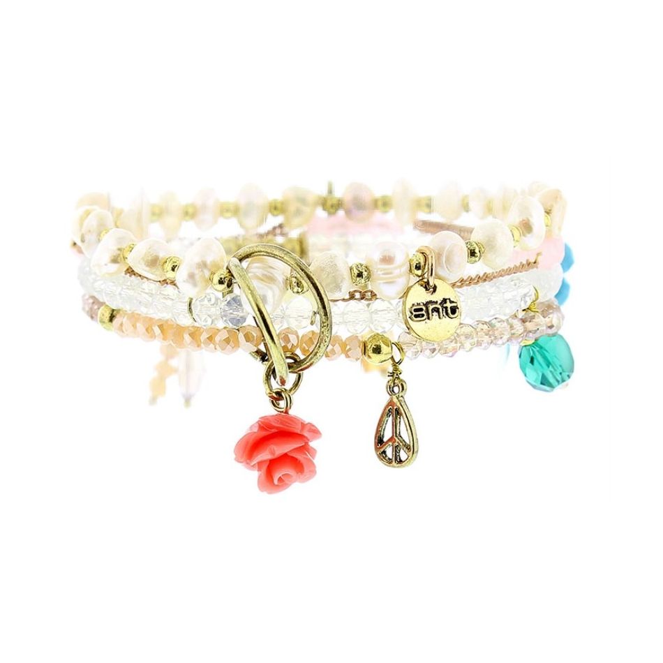 PULSERA 4 TIRAS CUENTAS METAL PIEDRAS