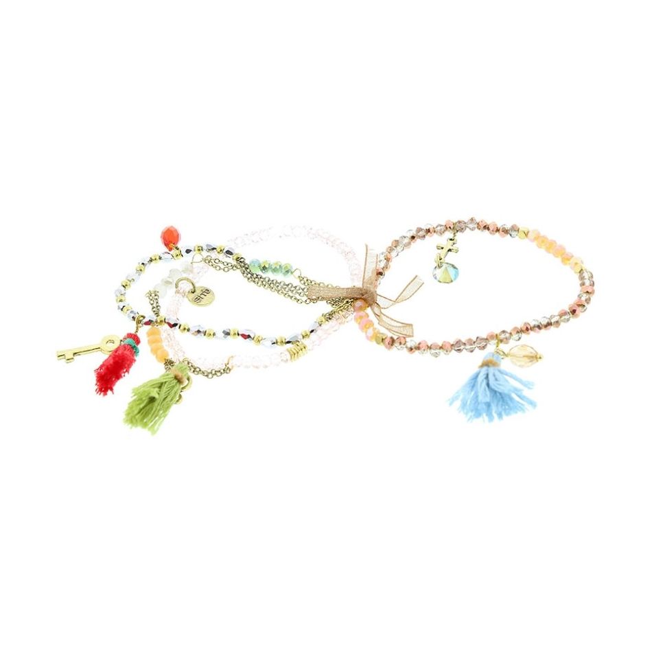PULSERA 4 TIRAS CUENTAS METAL PIEDRAS
