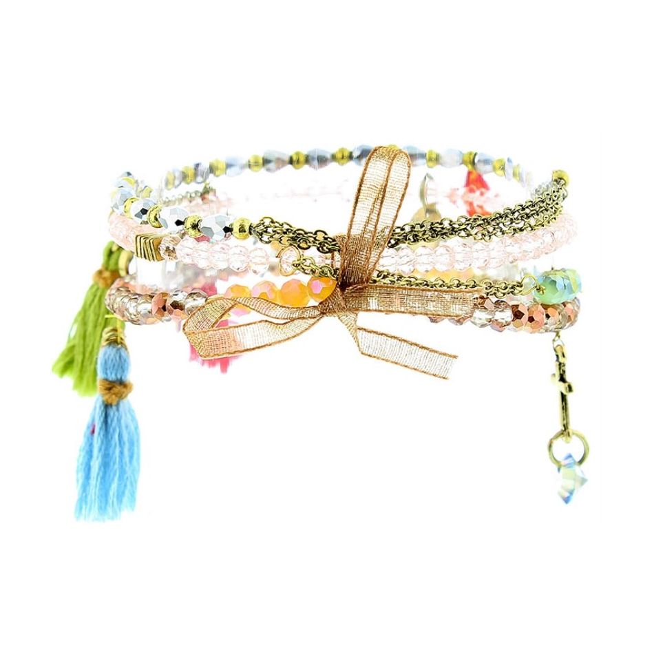 BRACELET 4 STRIPS METAL STONE BEADS