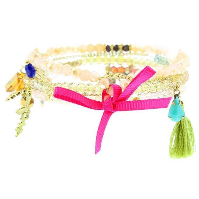 BRACELET 4 STRIPS METAL STONE BEADS