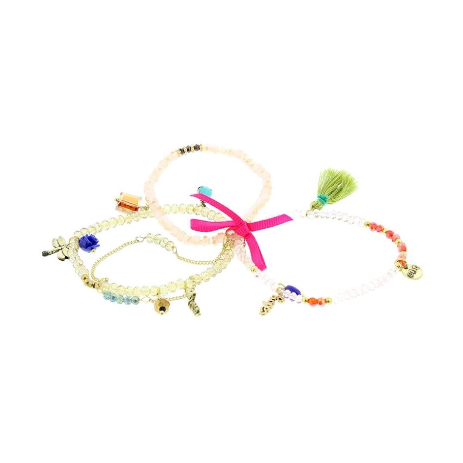 BRACELET 4 STRIPS METAL STONE BEADS